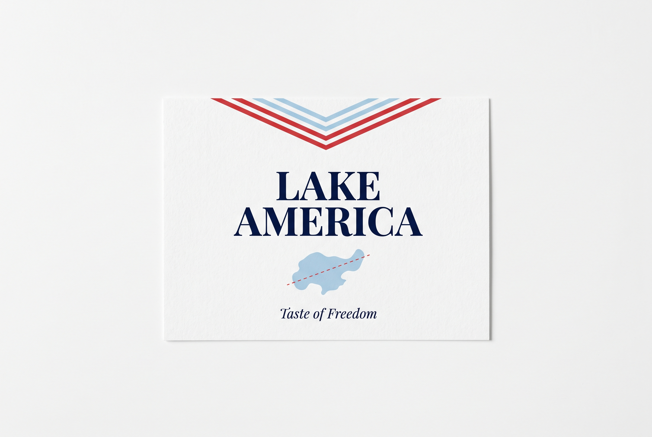 Flat Lake America label with chevron, lake shape and dashed red border line