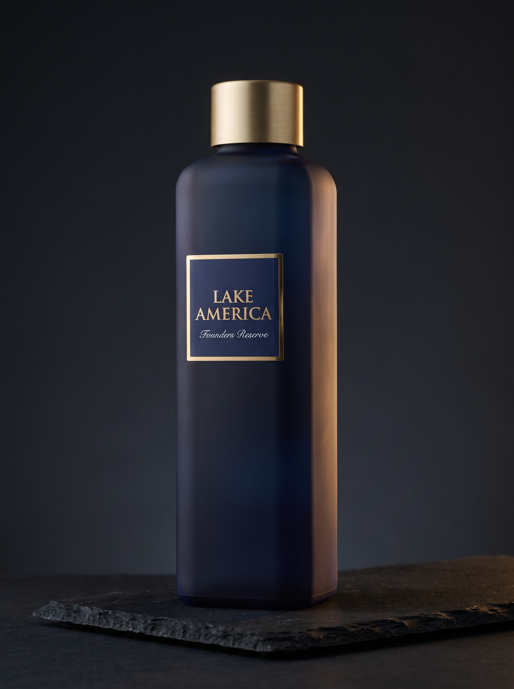 Founders' Reserve bottle in navy glass with matte gold cap
